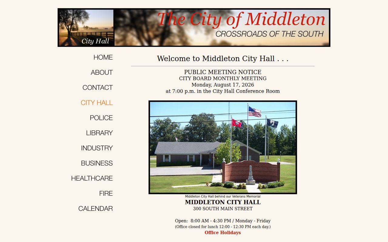 Middleton warrant records, City Hall address and weekday office hours