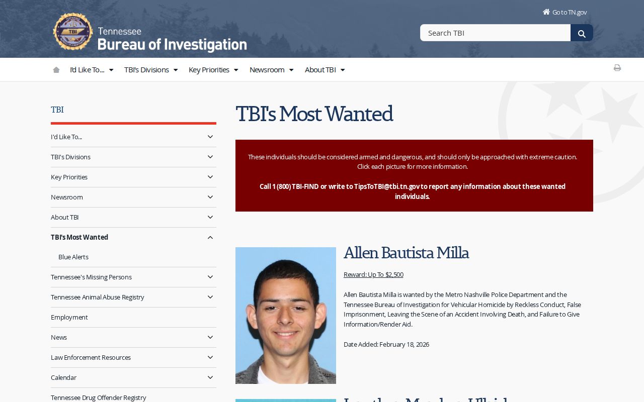 Hardeman County active warrant records, TBI curated Most Wanted program interface
