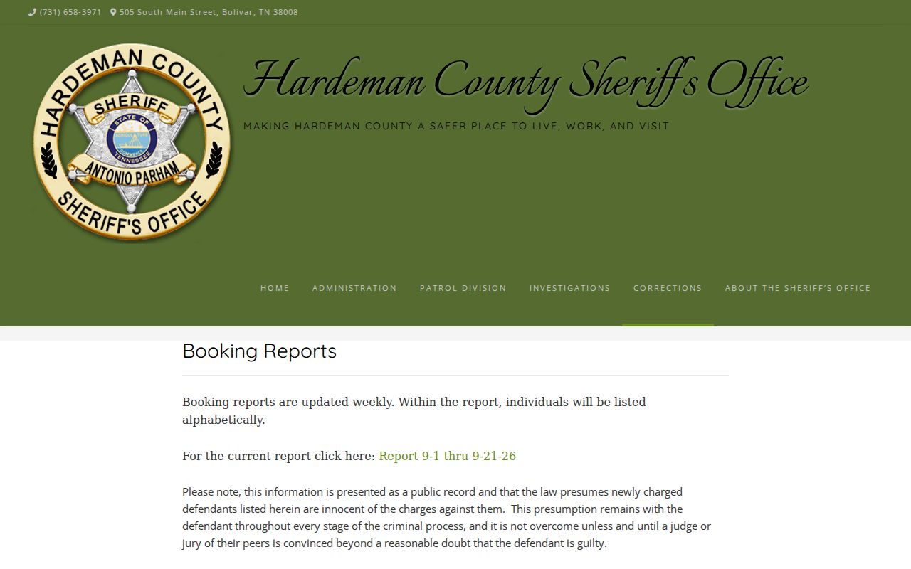 Hardeman County active warrant records, weekly booking report notice and limits