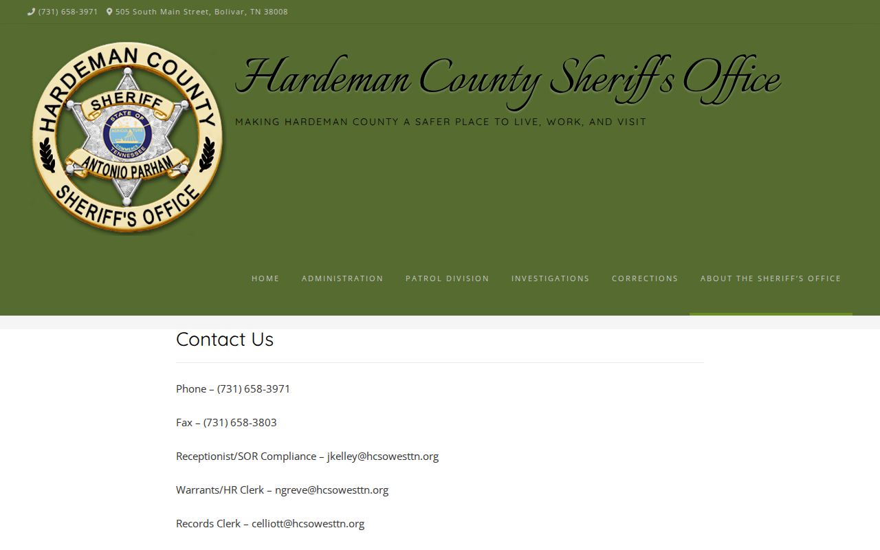 Hardeman County warrant records, official sheriff contact and CJC location