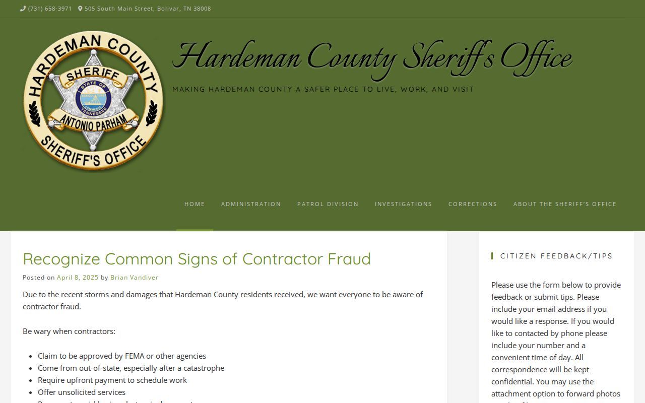 Hardeman County warrant records, sheriff and Criminal Justice Complex information